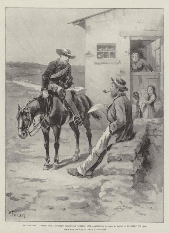 A Crise do Transvaal, Mensageiro do Campo de Corneta, entregando Comandos aos Boer Agricultores para estarem Prontos para a Guerra de Paul Frenzeny