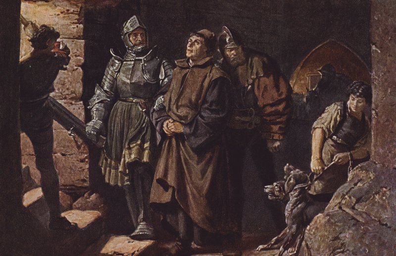 Hans von Berlepsch e Burckhardt Dog de Wenckheim acompanham Martin Luther até o Castelo de Wartburg. de Friedrich Paul Thumann