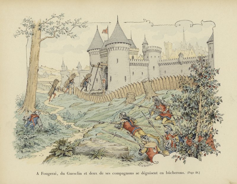 Bertrand du Guesclin e dois de seus companheiros se disfarçam de lenhadores para capturar o Castelo de Grand-Fougeray, 1354 de Paul de Semant