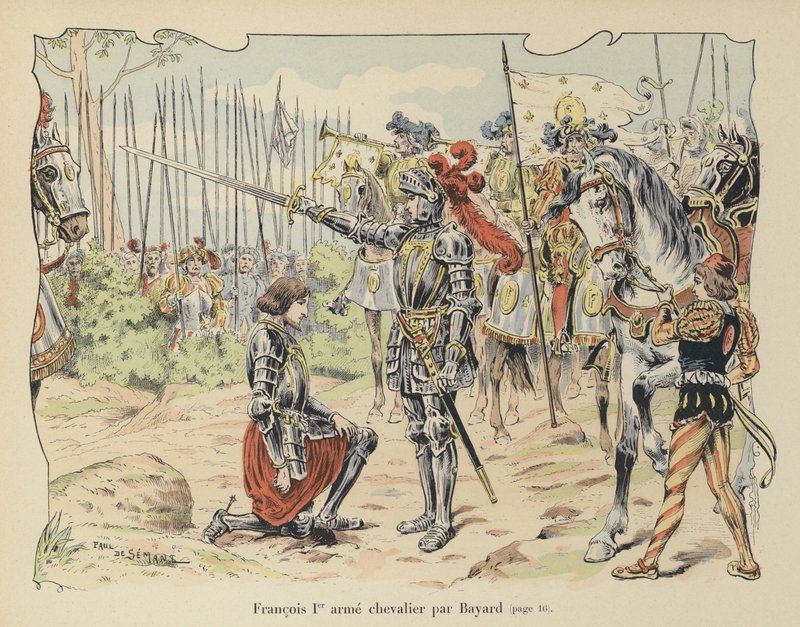 Rei Francisco I da França, cavaleiro pelo Chevalier de Bayard após a Batalha de Marignano, Itália, 1515 de Paul de Semant