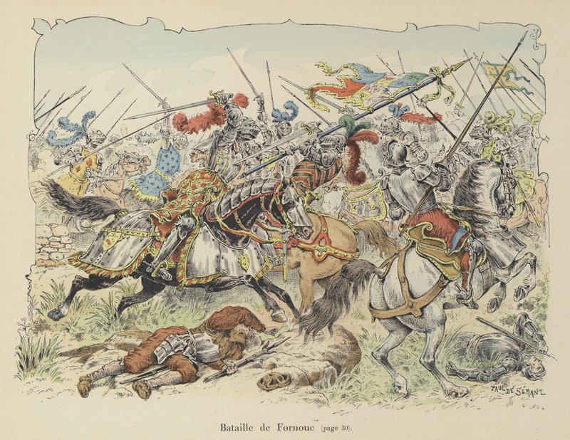 O Chevalier de Bayard lutando contra os espanhóis na Batalha de Fornovo, Itália, 1495 de Paul de Semant