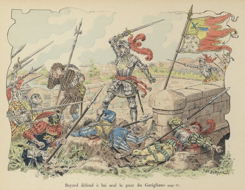 O Chevalier de Bayard, sozinho, defendendo a ponte de Garigliano contra os espanhóis, Itália, 1503 de Paul de Semant