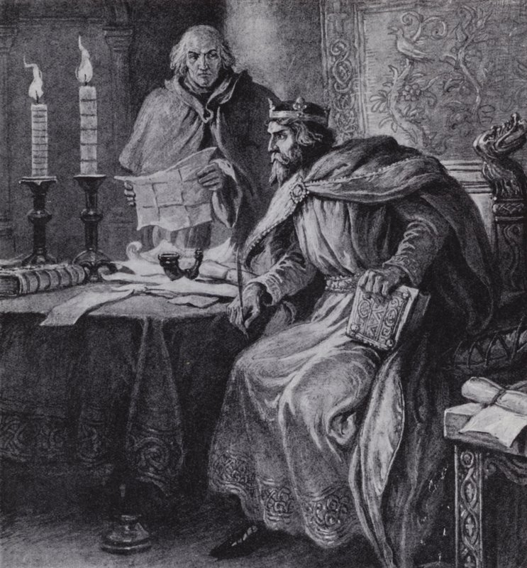 Alfredo o Grande, Rei de Wessex, e os seus relógios de vela (litho) de Paul (after) Hardy
