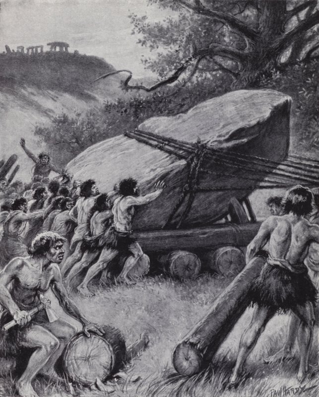 Homens paleolíticos movendo uma laje gigante de rocha sobre rodas (litho) de Paul (after) Hardy