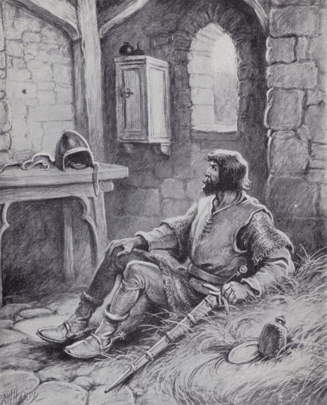 Robert o Bruce com a aranha que o inspirou a tentar novamente derrotar os ingleses (litho) de Paul (after) Hardy
