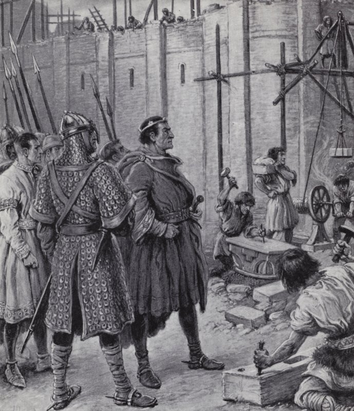 Guilherme, o Conquistador, supervisionando o edifício da Torre de Londres (litho) de Paul (after) Hardy