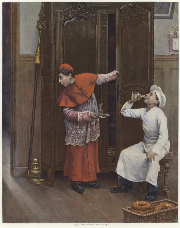 Dois, meninos jovens, desgastar, trajes, cor, litho de Paul Charles Chocarne Moreau