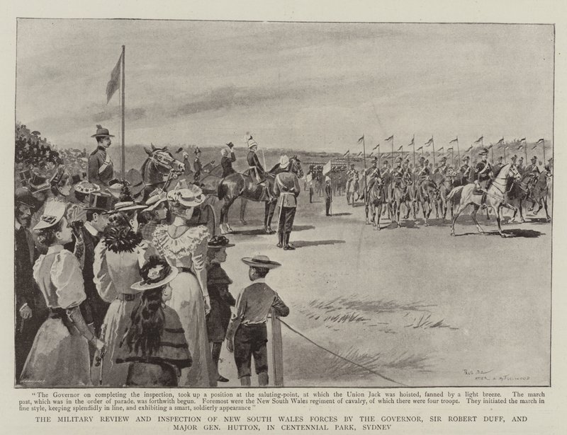 A Revisão Militar e a Inspeção das Forças de Nova Gales do Sul pelo Governador, Sir Robert Duff, e pelo Major General Hutton, no Centennial Park, Sydney de Paul Destez