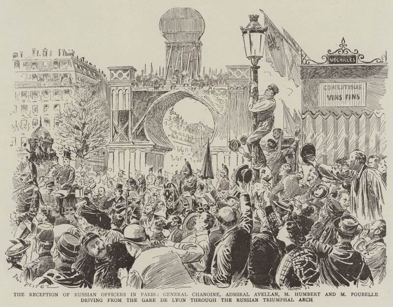 A recepção de oficiais russos em Paris, General Chanoine, Almirante Avellan, M Humbert e M Poubelle dirigindo da Gare de Lyon através do Arco do Triunfo da Rússia de Paul Destez