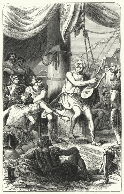 Homer entretendo marinheiros estrangeiros com uma canção (gravura) de Paul Dominique Philippoteaux