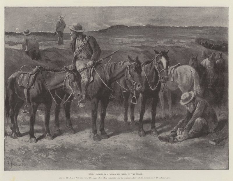 Cavalos Boers &39;em um Donga, ou Fissura, no Veldt de Paul Frenzeny