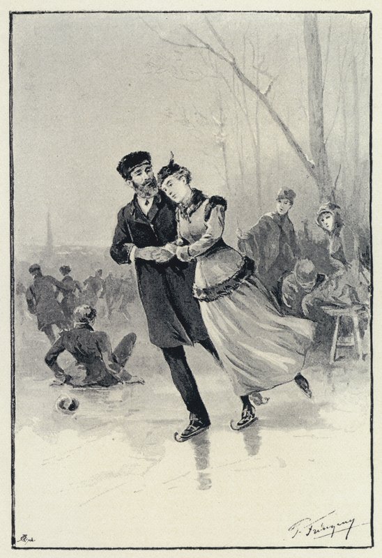 Ilustração para Anna Karenina: Levin e Kitty no gelo (litho) de Paul Frenzeny