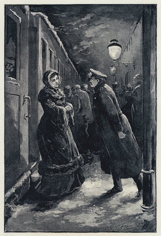 Ilustração para Anna Karenina: Vronsky encontra Anna na estação (litho) de Paul Frenzeny