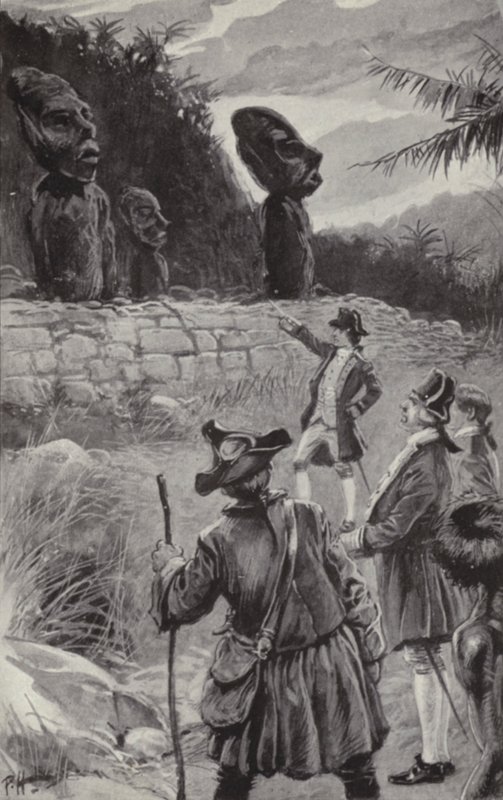 Examinando as estátuas da Ilha de Páscoa (litho) de Paul Hardy