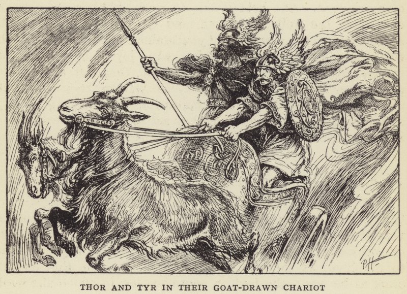 Thor e Tyr em sua carruagem puxada por cabras de Paul Hardy