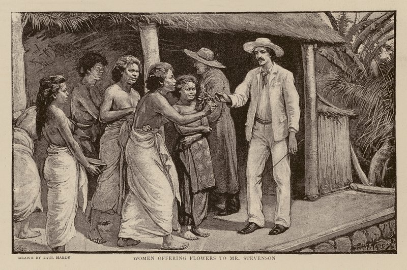 Mulheres oferecendo flores a Robert Louis Stevenson (gravura) de Paul Hardy