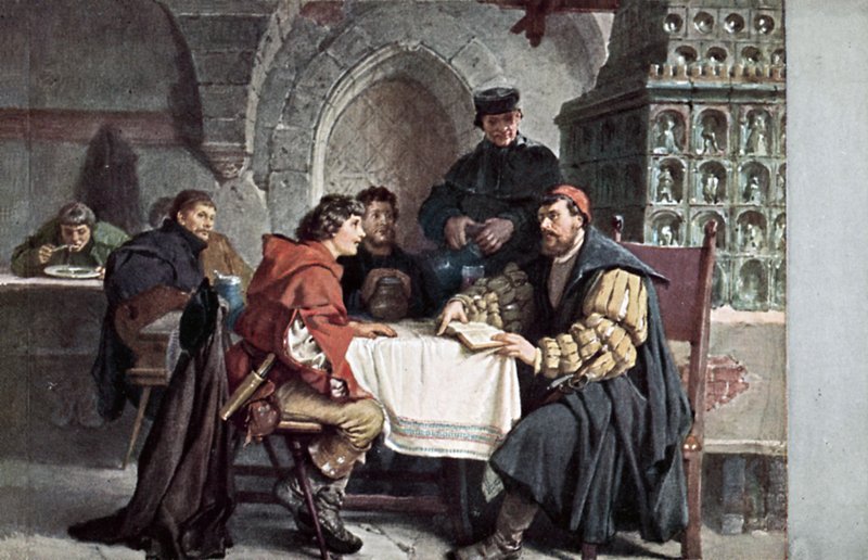 Martin Luther em conversa com os alunos no Gasthof der Baren, Jena, Alemanha, março de 1522 de Friedrich Paul Thumann