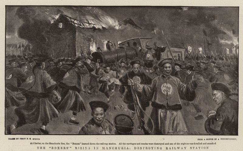 A ascensão dos boxeadores na Manchúria, destruindo a estação ferroviária de Percy F.S. Spence