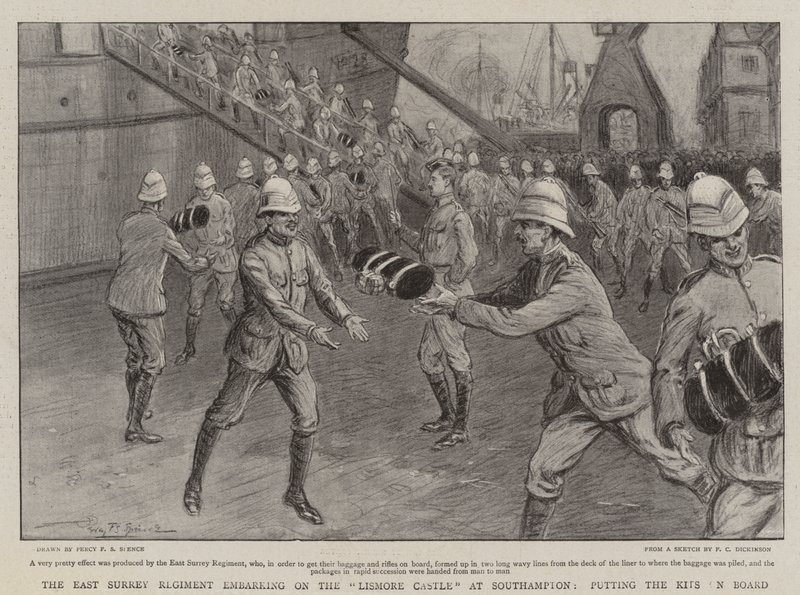 O East Surrey Regiment embarcando no Castelo Lismore em Southampton, colocando os Kits a bordo de Percy F.S. Spence