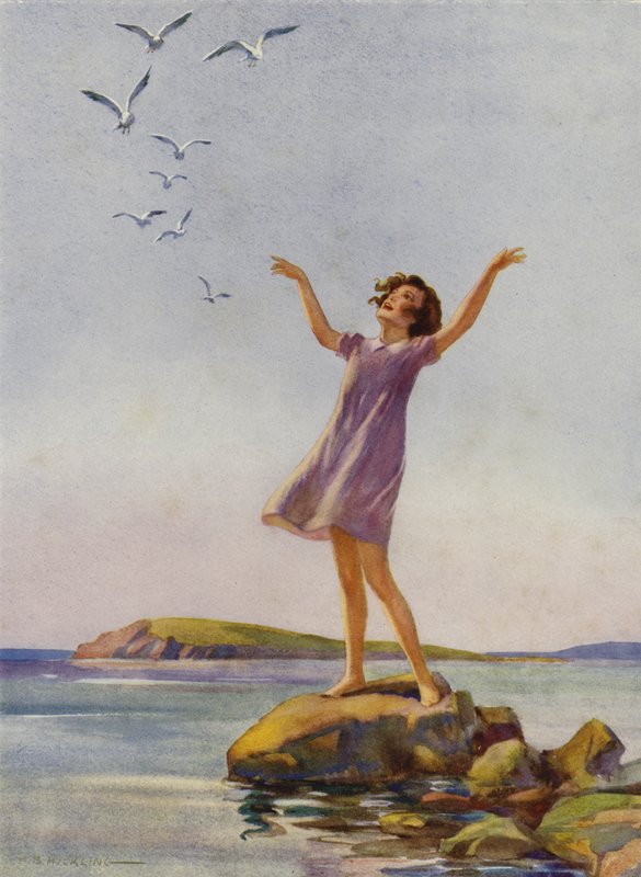 Garota aproveitando o sol à beira-mar (lito colorido) de Percy Bell Hickling