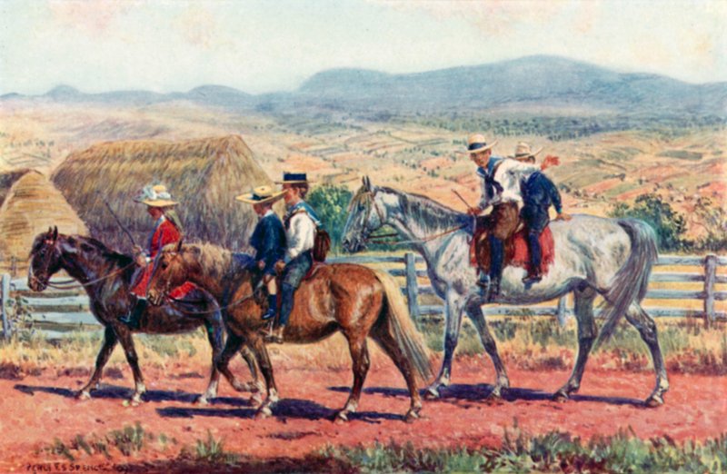 Crianças australianas a caminho da escola (cor litho) de Percy F.S. (after) Spence
