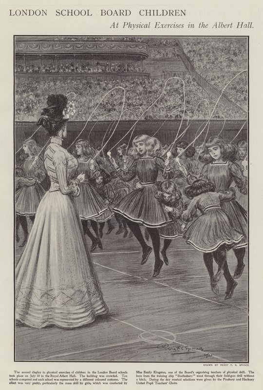 Crianças da London School Board em exercícios físicos no Albert Hall (litho) de Percy F.S. (after) Spence