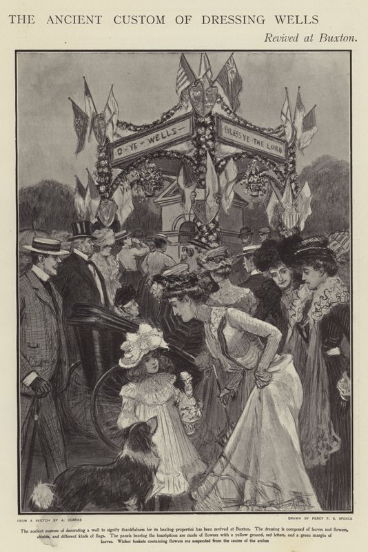 O antigo costume de vestir poços revividos em Buxton, Derbyshire (litho) de Percy F.S. (after) Spence