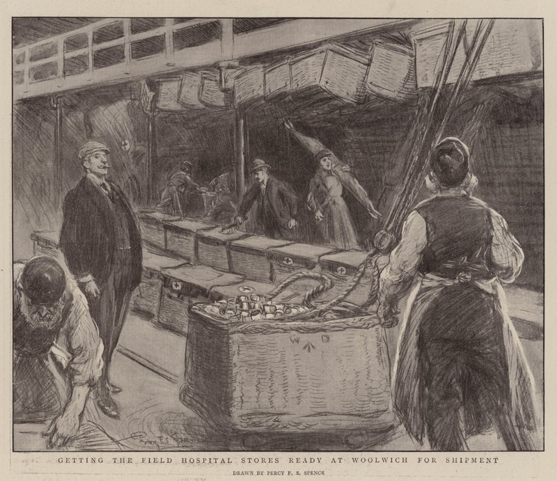 Obtendo o hospital de campo armazena pronto em Woolwich para embarque de Percy F.S. Spence