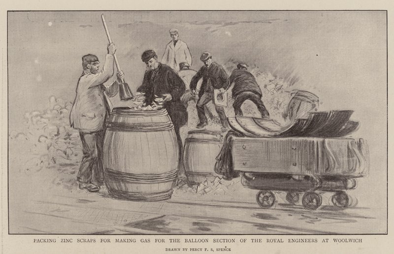 Embalagem de sucatas de zinco para fazer gás para a seção de balões dos engenheiros reais em Woolwich de Percy F.S. Spence