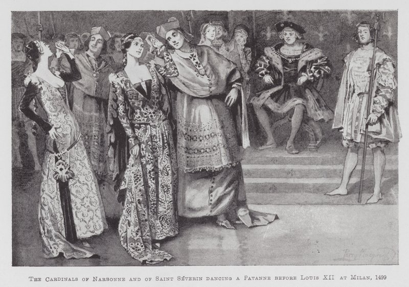 A dançar: Os Cardeais de Narbonne e de Saint Severin dançando uma Pavanne antes de Luís XII em Milão de Percy Macquoid