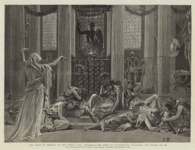 A História de Orestes, no Salão do Príncipe, Piccadilly, o Fantasma de Clitemnestra despertando as Fúrias, Ato III de Percy Macquoid