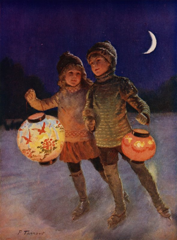 Menino e menina patinando com lanternas de fadas à noite (lito colorido) de Percy Tarrant