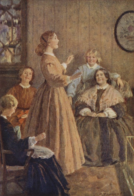 Ilustração para Pequenas Mulheres por Louis M Alcott (cor litho) de Percy Tarrant