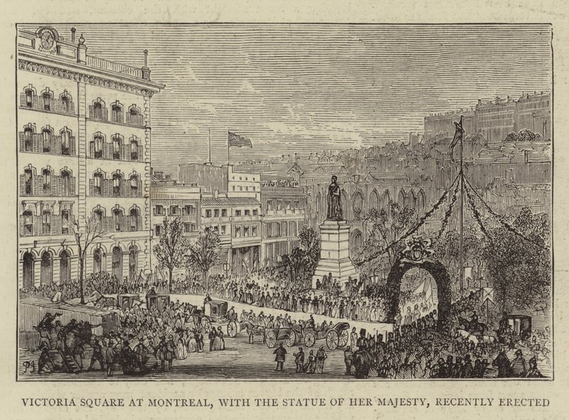 Victoria Square em Montreal, com a estátua de Sua Majestade, recentemente erguida de Percy William Justyne