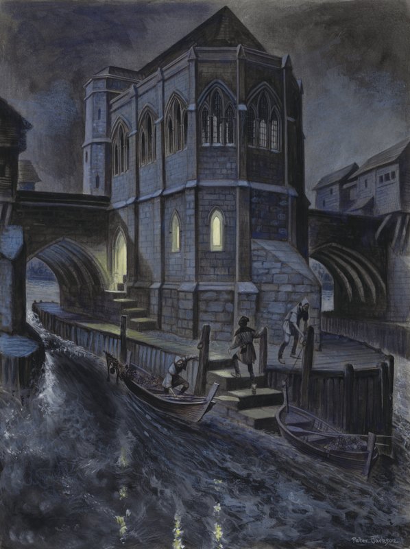 Reconstrução imaginária da primeira capela na antiga ponte de Londres de Peter Jackson