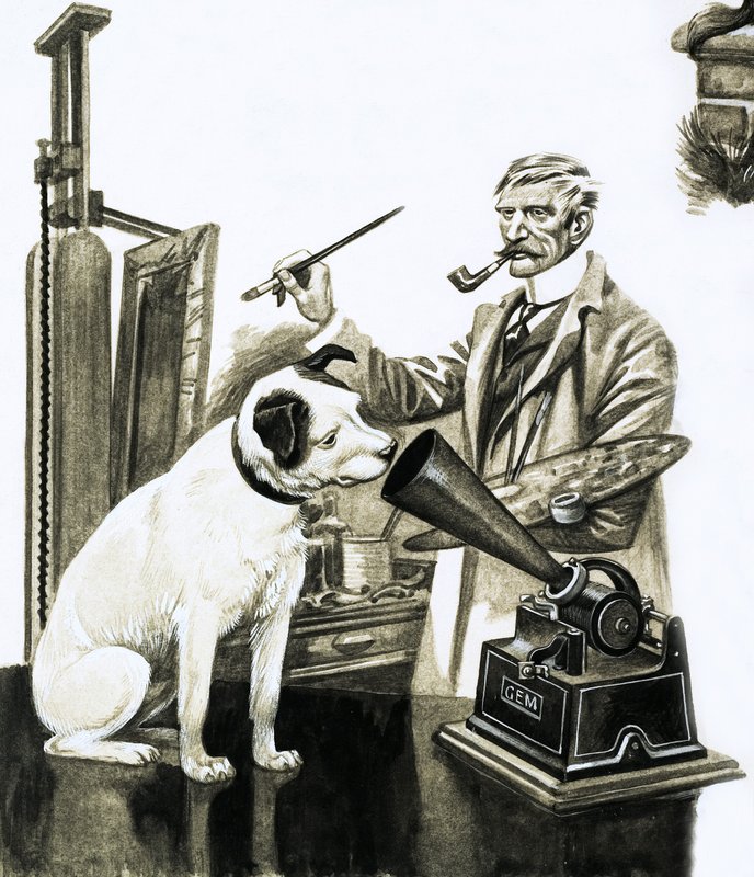 Artista pintando o cachorro ouvindo em um gramaphone de Peter Jackson