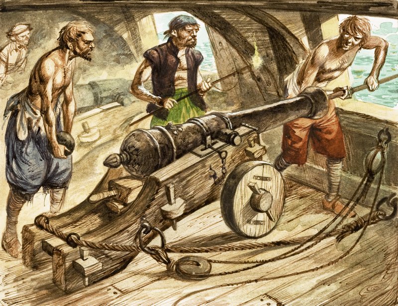 Tripulação de canhão a bordo de um veleiro de Peter Jackson