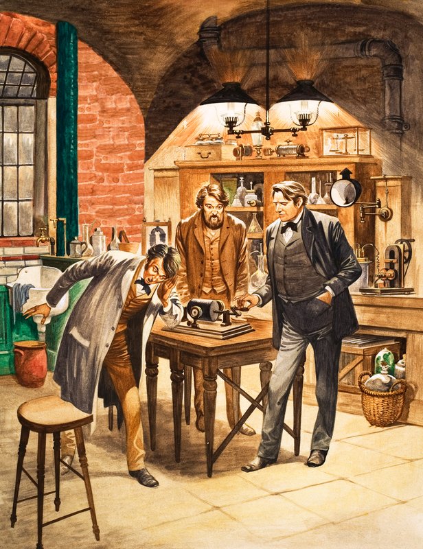 Edison demonstrando o primeiro fonógrafo em seu laboratório de Peter Jackson