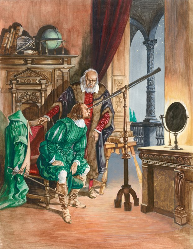 Galileu, agora cego, deixa um amigo olhar as estrelas através de seu telescópio a partir da varanda de seu escritório em Pisa de Peter Jackson