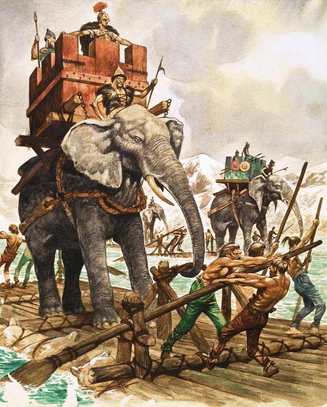 Aníbal e seus elefantes atravessando um rio de jangada de Peter Jackson