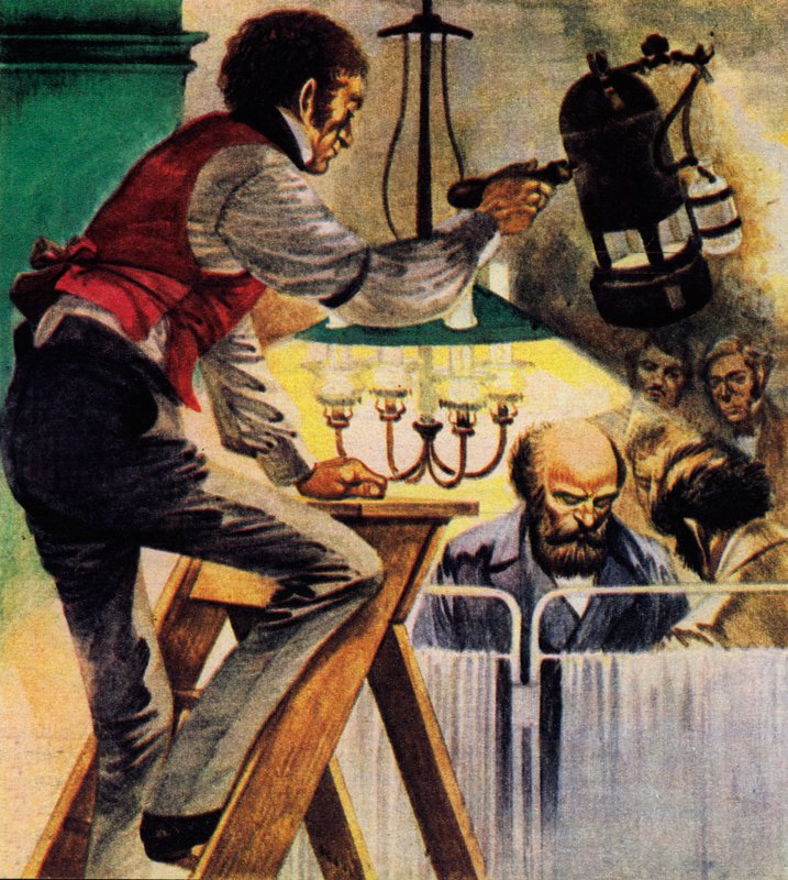 Joseph Lister insistiu em sprays carbólicos na sala de operações (cor litho) de Peter Jackson