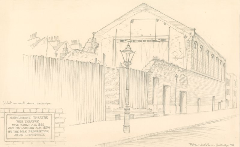 Marylebone Theatre, Londres, parte traseira do teatro em Mulready Street (originalmente Little Church Street) de Peter Jackson