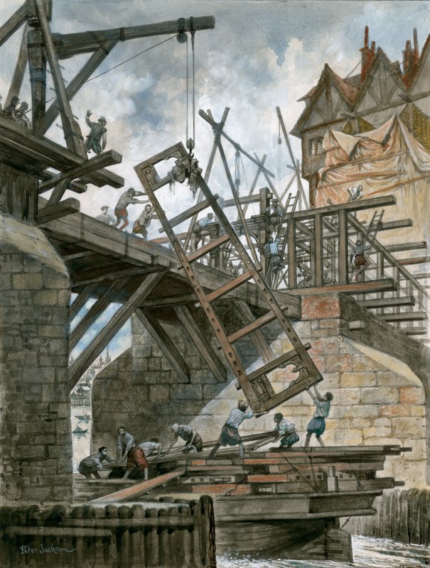 Nonesuch House sendo erguido na antiga ponte de Londres de Peter Jackson