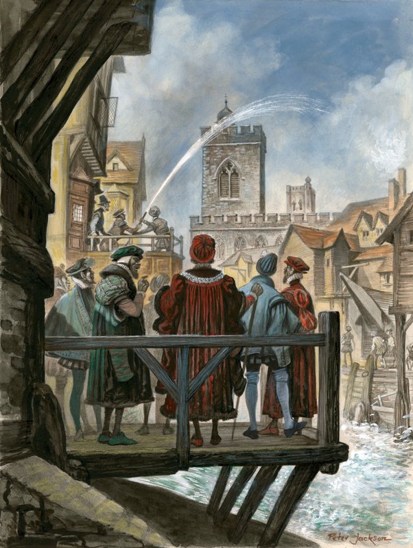 O sistema hidráulico de Peter Morris na antiga London Bridge sendo admirado pelo Lord Mayor e pelos vereadores da cidade de Peter Jackson