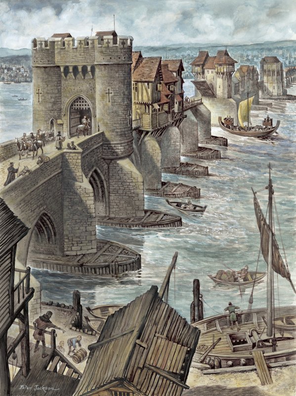 Reconstrução mostrando Old London Bridge, alguns anos depois de ter sido construído, olhando para o noroeste de Peter Jackson