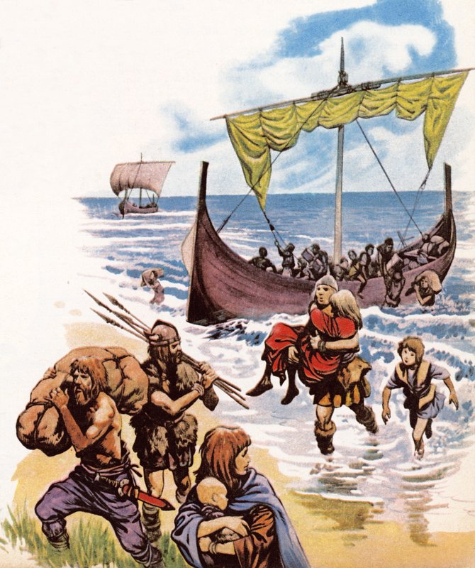 Saxões chegando na Grã-Bretanha nos barcos longos da Alemanha de Peter Jackson