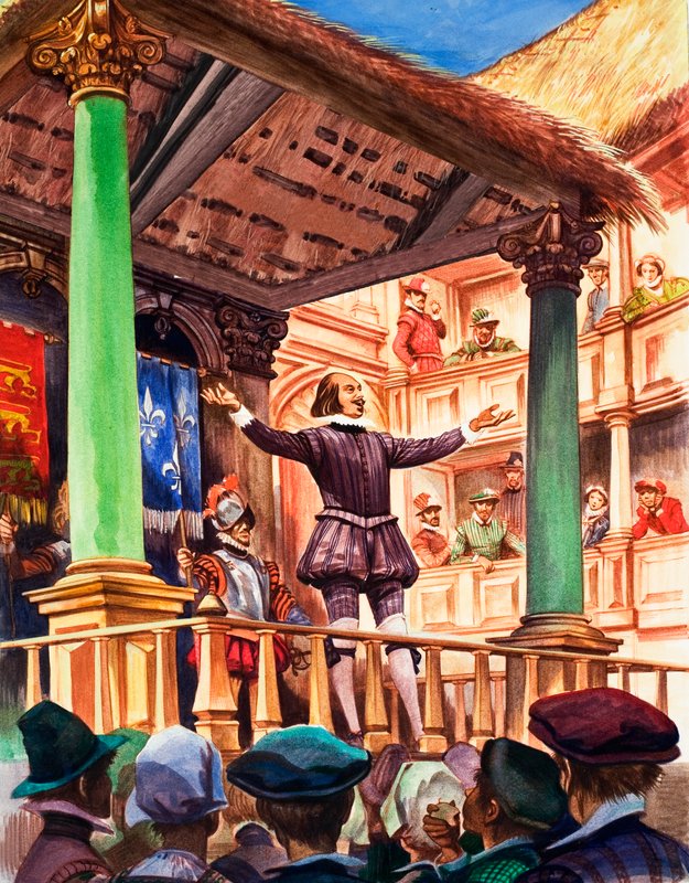 Shakespeare no palco do recém-construído teatro Globe de Peter Jackson