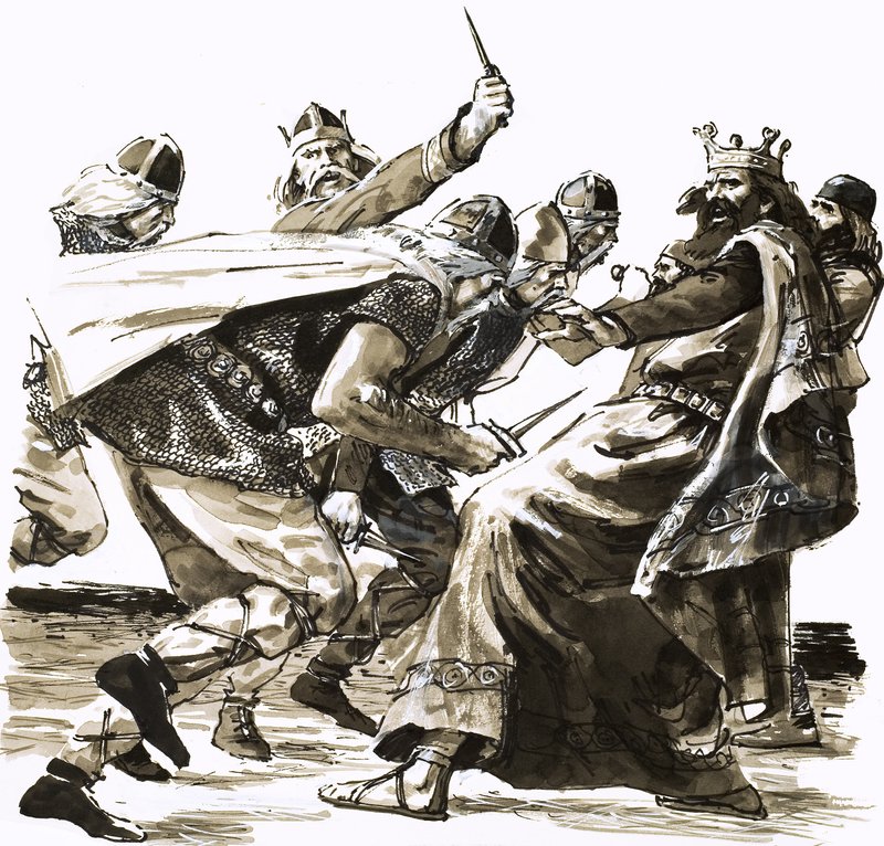 A Morte do Rei Vortigern, ilustração de "Invaders from the Sea" (Invasores do Mar) de Peter Jackson