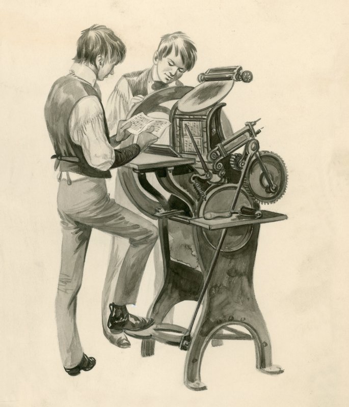 Os irmãos Wright como meninos, imprimindo seu jornal chamado The Midget. Trabalhos artísticos originais para o tesouro de Peter Jackson