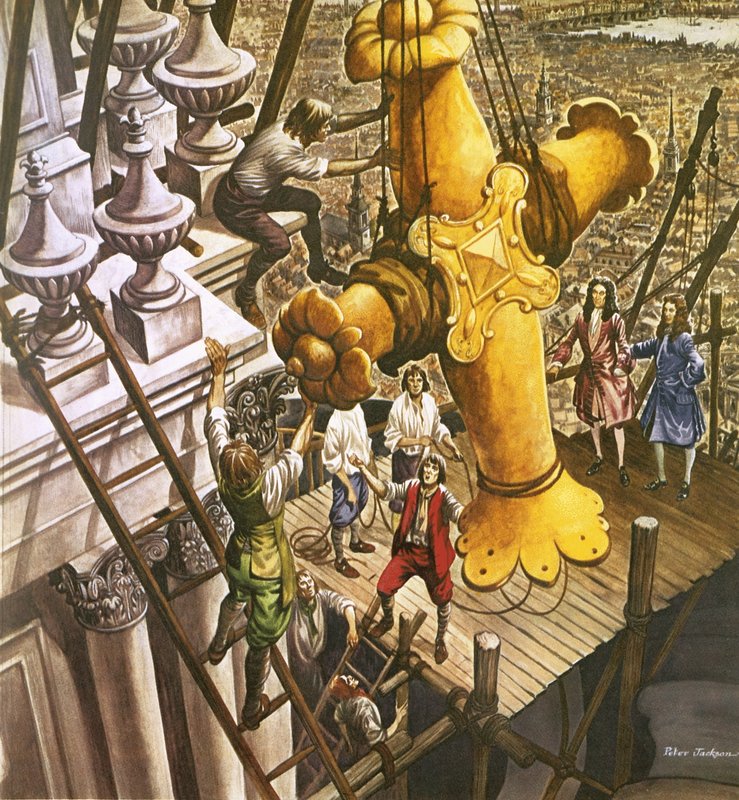 A cruz de ouro sendo colocada no topo da Catedral de São Paulo de Peter Jackson